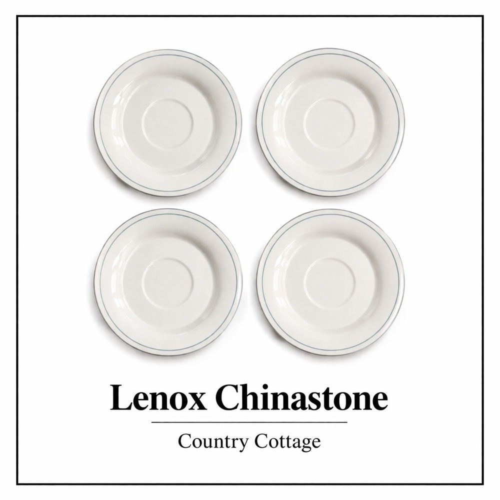 Lenox China Country Cottage Chinastone Saucers Set of 4 Blue Rim‎ Ivory Tea USA